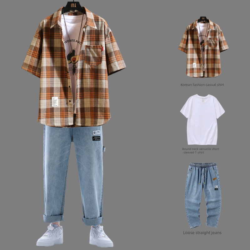 tide Short sleeve a set collocation Ruffian handsome lattice shirt