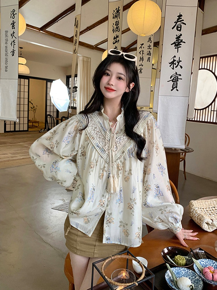 Retro Sense of design Frenulum easy Long sleeve Chiffon shirt