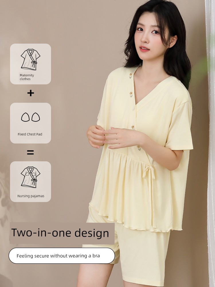 Modal Maternity Pajamas with Chest Pads for Women, Summer Thin Short-Sleeve Nursing Sleepwear for Postpartum Women, Summer Maternity Loungewear — 3