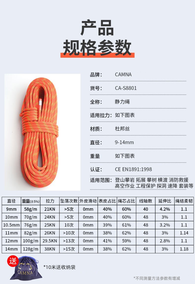 outdoors static force rope high altitude task Safety rope national standard Rock Climbing Climbing rope Speed drop Life line Rope climb special-purpose