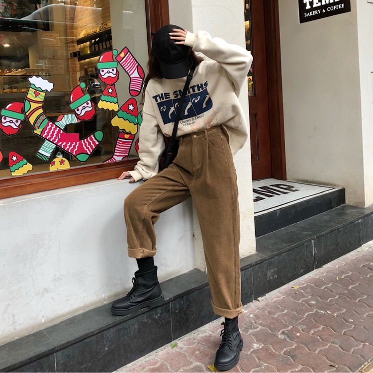 Retro corduroy leisure time easy High waist Wide leg pants