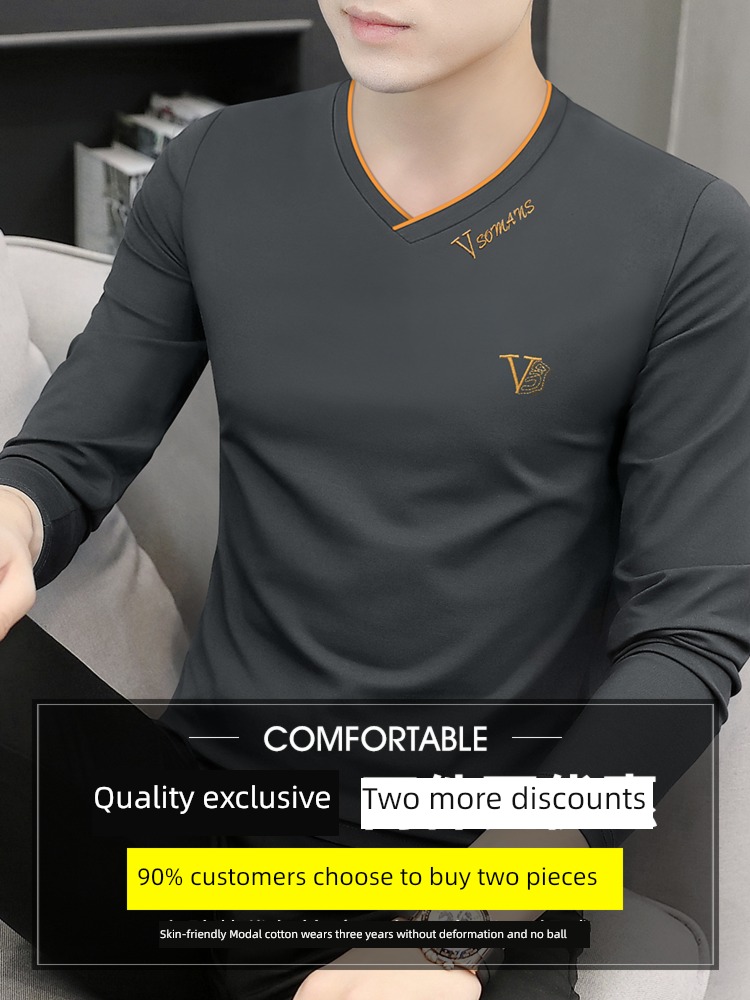 2 piece man Plush thickening keep warm V-collar Long sleeve T-shirt