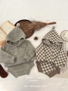 Boys' Spring and Autumn Clothing Retro Gingham Hooded Sweater Cardigan Outwear Western Style Baby Girl Knitting Baby Bod