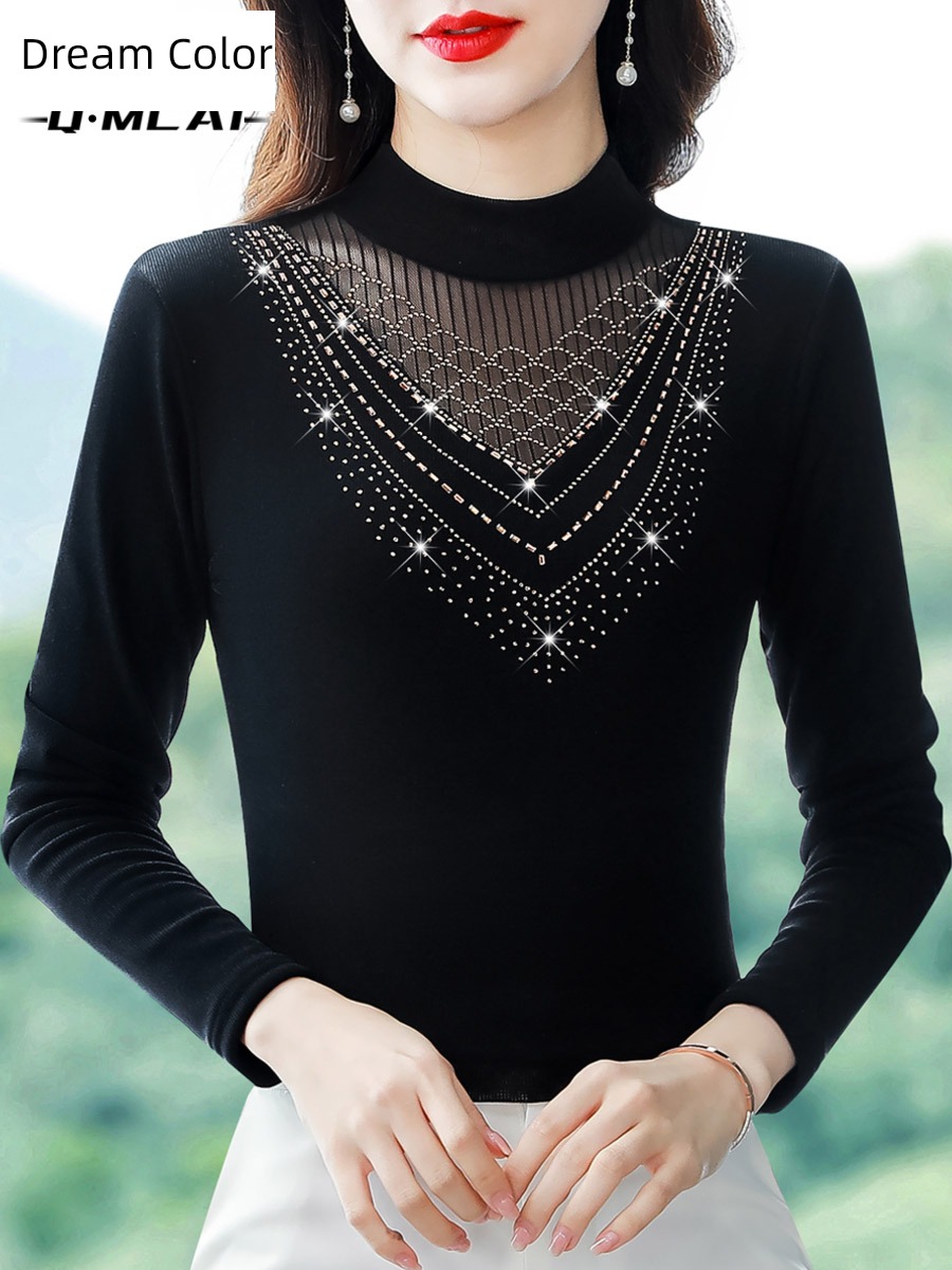 Your wife Small shirt female middle age mom Autumn and winter clothes jacket tide Small high collar keep warm Base coat Inner lap Plush T-shirt
