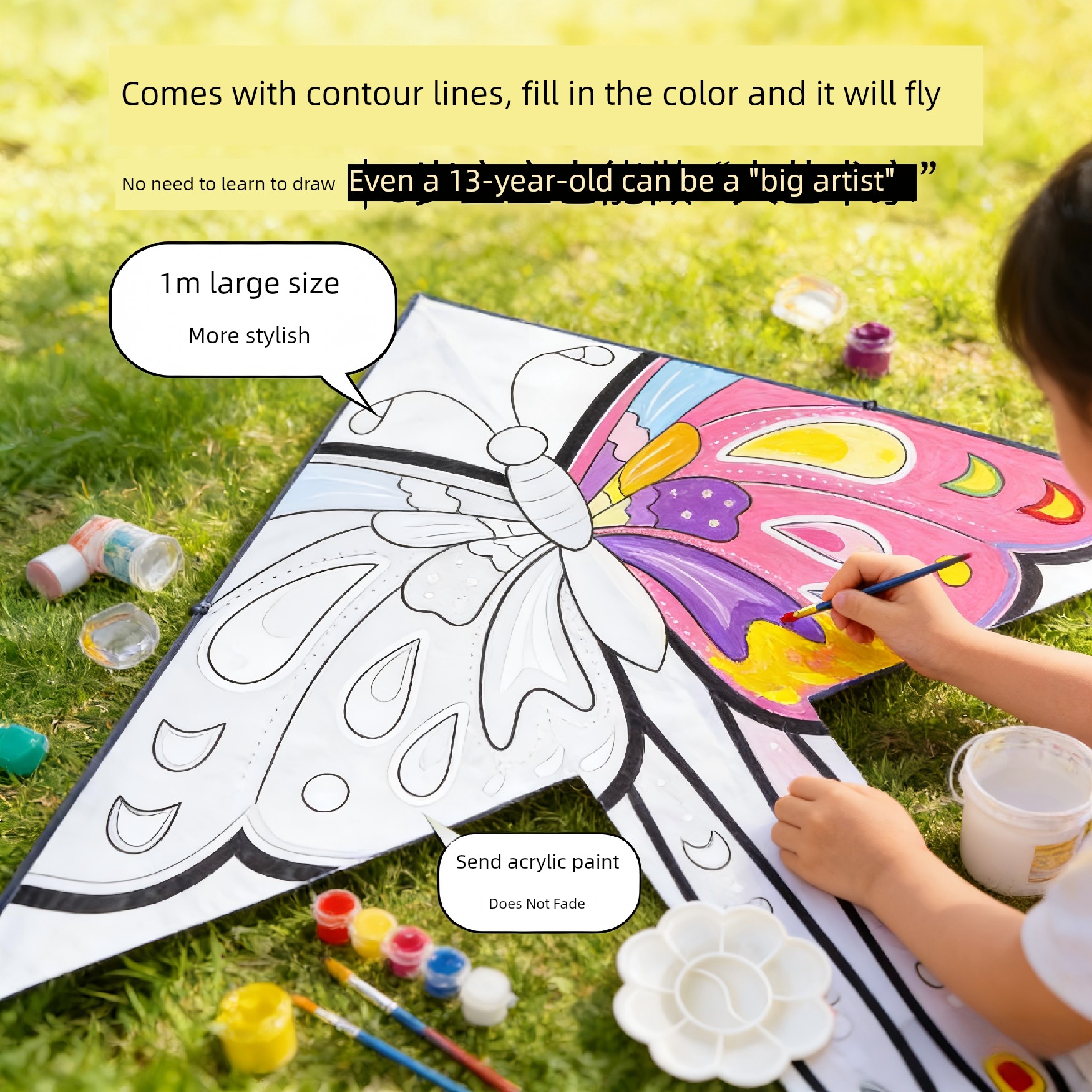 Kite DIY Material Kit for Elementary School Students and Children, Blank Kite for Hand-Painted Coloring, Self-Made Butterfly Paper Kite
