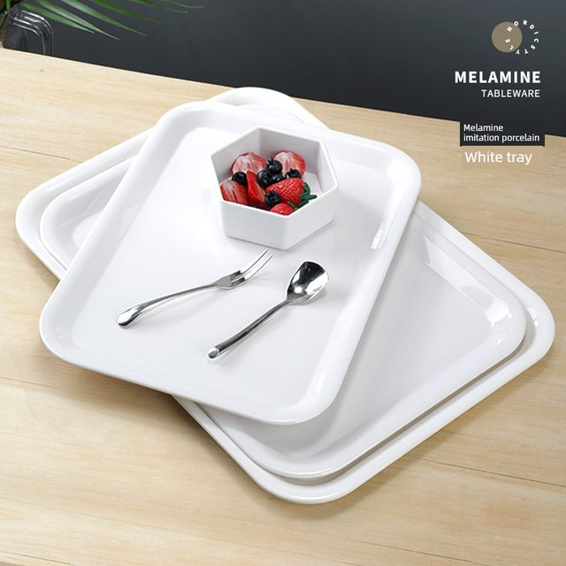 Melamine tray rectangular white plastic tea cup water cup tray fruit tray cake bread display tray commercial