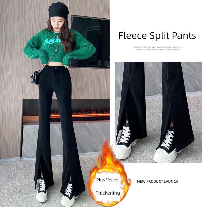 corduroy Wide leg pants female Autumn and winter new pattern Plush thickening Straight cylinder Show thin Mopping Micro horn trousers leisure time trousers