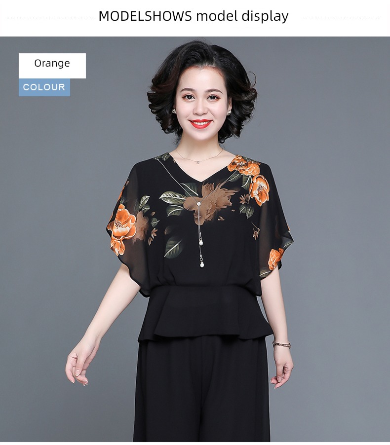 middle age mom T-shirt Foreign style Age reduction Chiffon shirt summer wear