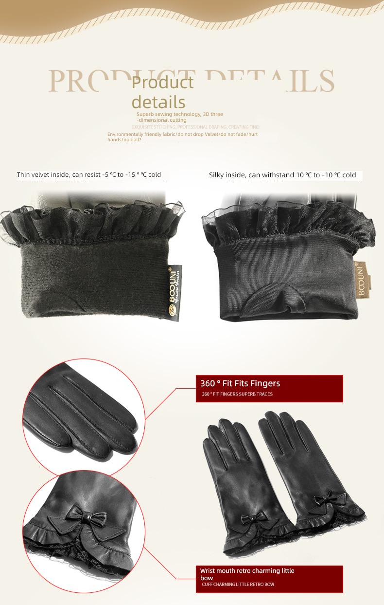 BOOUNI ma'am winter keep warm bow Leather gloves