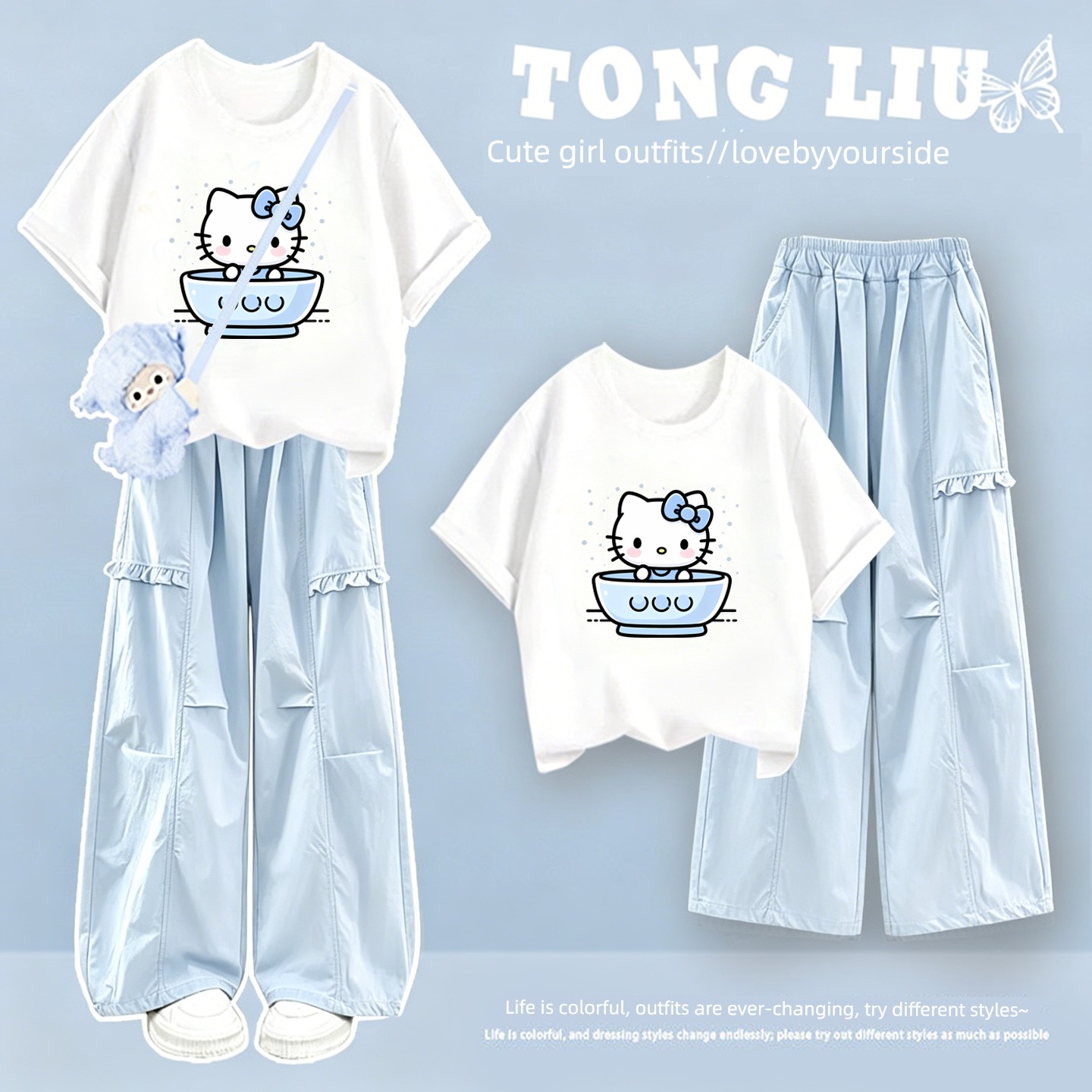 Girls' Short-Sleeved Summer Suit 2026 New Style for Middle School Students, Stylish Pure Cotton Clothing, Thin Cargo Pants — 2