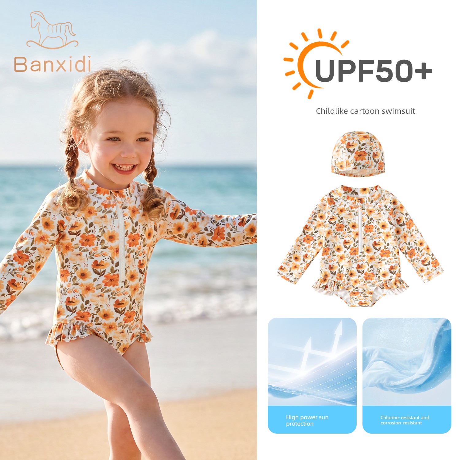 Banxidi Girls' Sun Protection Swimsuit 2026 New Baby Cartoon One-Piece Long-Sleeved Swimsuit Kidsren's Princess Swimsuit — 1