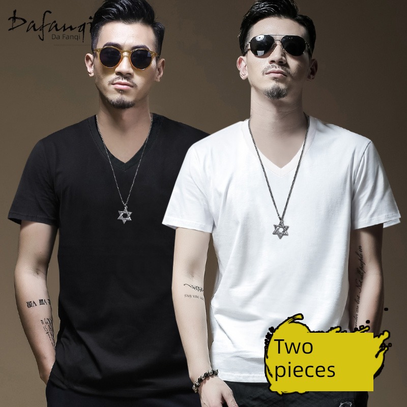 tide 2 piece style Put on your clothes black v Collar short sleeve T-shirt