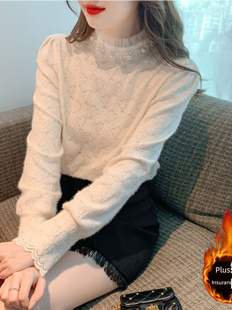 European station Nail bead Splicing Autumn and winter Lace Undershirt Women's wear spring and autumn winter clothes 2022 new pattern Inner lap jacket