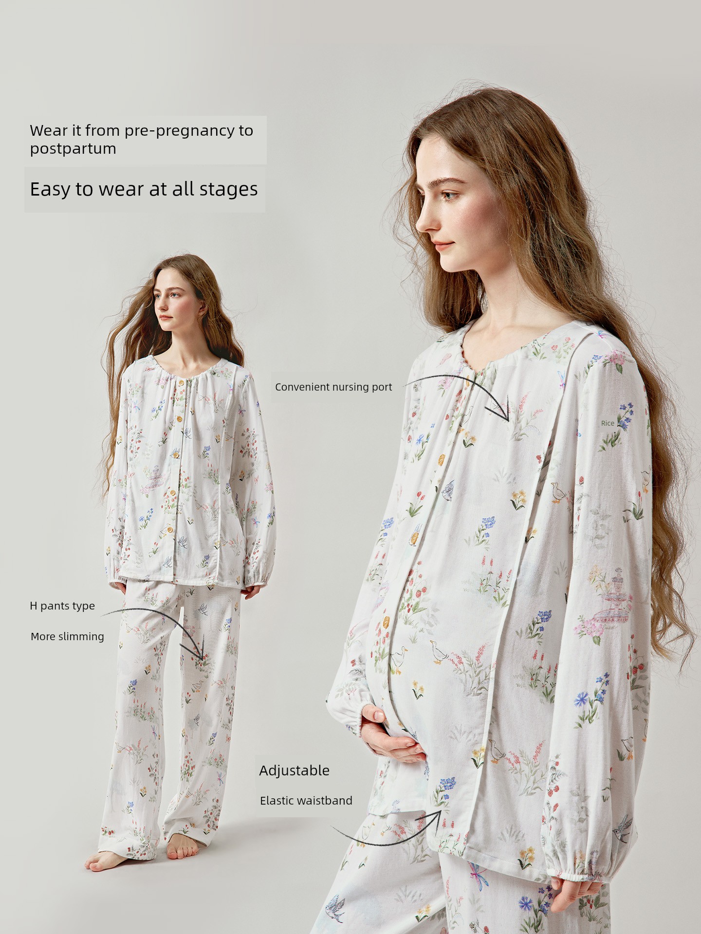 Manxi Autumn and Winter Maternity Nursing Pajamas Elastic Silk Linen Cotton Light Grass Green Mambo Postpartum Maternity Wear Homewear Set — 4