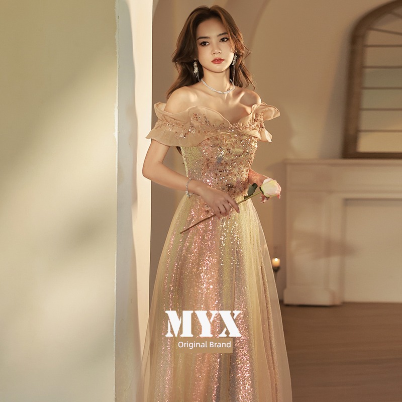 temperament champagne golden Art examination Dress Evening dress