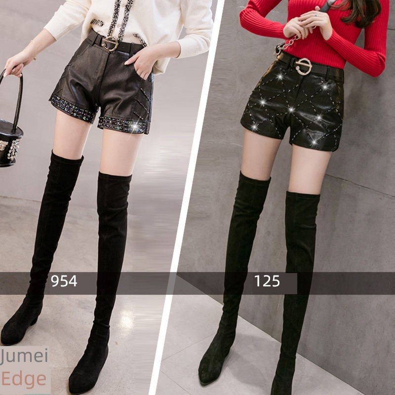 PU skin Inlaid diamond Sequins High waist Fork Lay a foundation shorts
