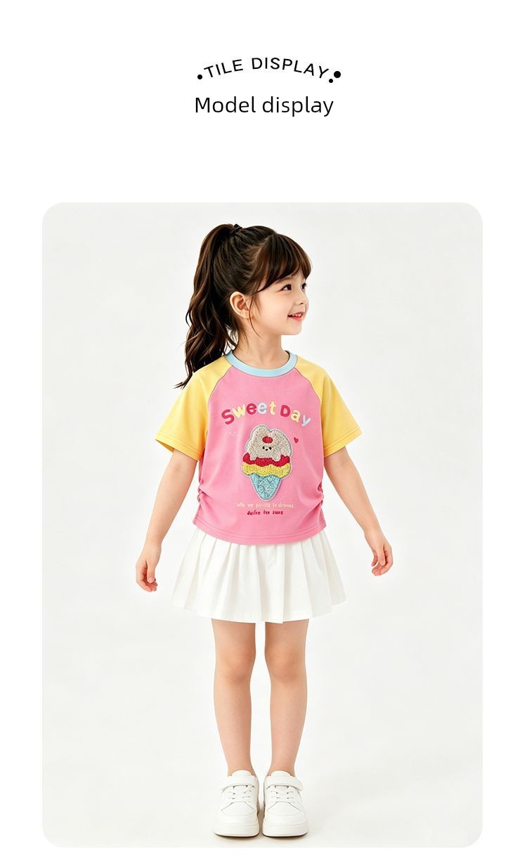 Lomi Rabbit Girls' Pure Cotton Short-Sleeve T-Shirt, Summer Thin Style, Sweet Dopamine Cute Color-Blocking New Top — 16