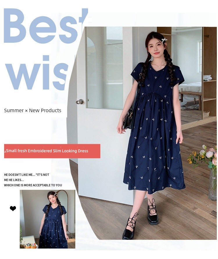 Maternity Wear Summer Loose-Fitting Age-Reducing Embroidered Dress 2026 New Style Petite High-Waisted Slimming Mid-Length Dress — 1