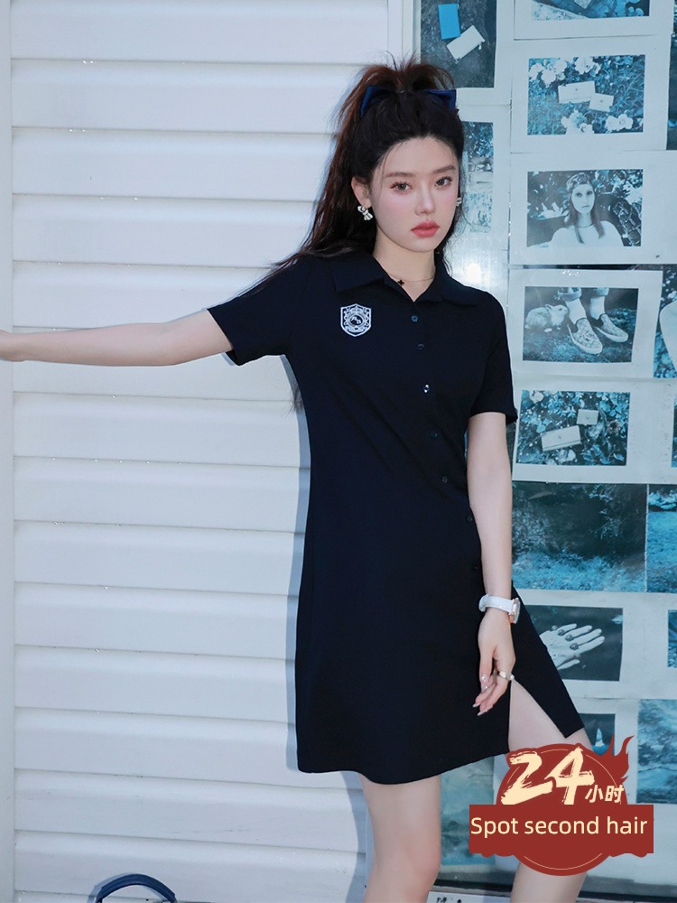 Blue language Fat sister mm leisure time Polo collar Dress