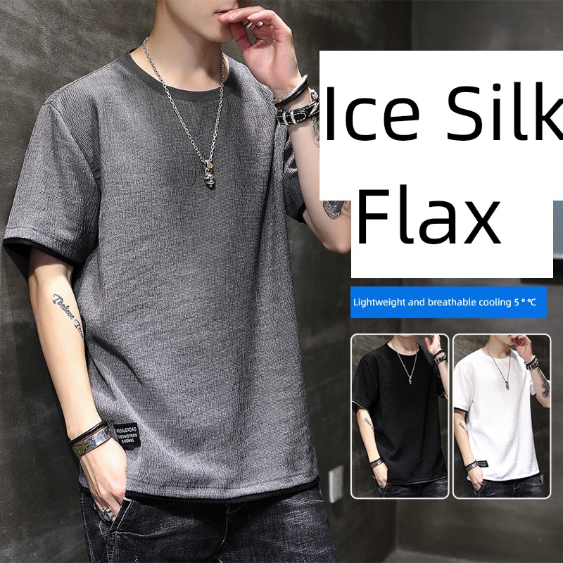 Ice silk feeling man flax quick-drying Solid color Short sleeve T-shirt