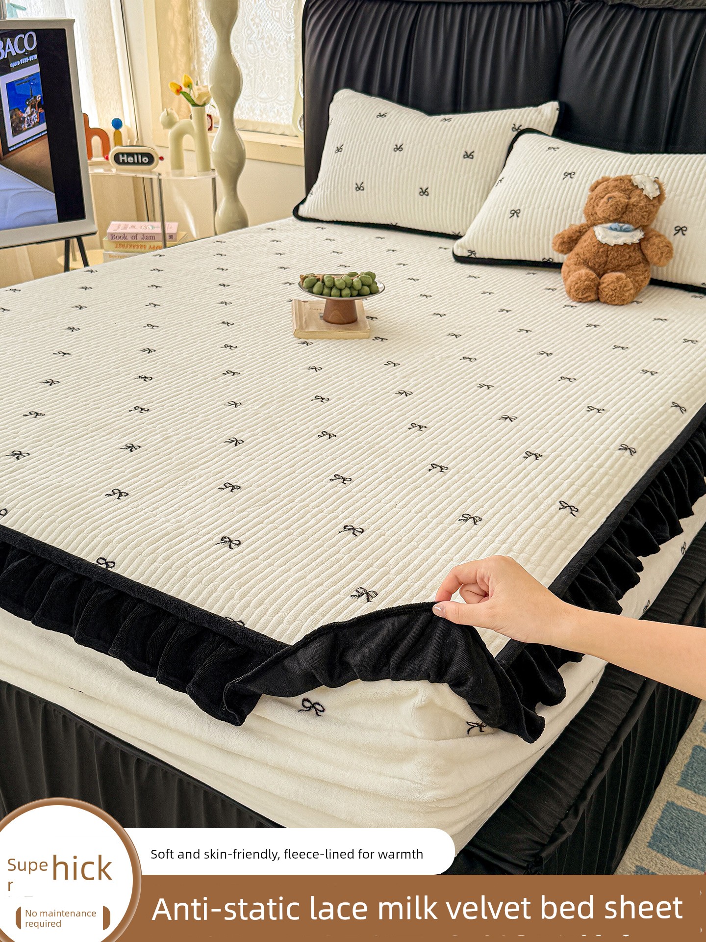 French Style Thickened Milk Fiber Quilted Fitted Sheet Single Piece Winter Fleece-Lined Bedspread with Skirt Simmons Mattress Protective Cover