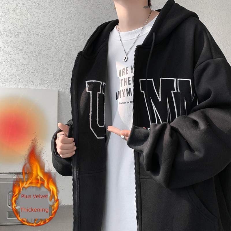 Plush thickening Cardigan Sweater male Hooded winter American style Chaopai ins letter printing teenagers easy loose coat