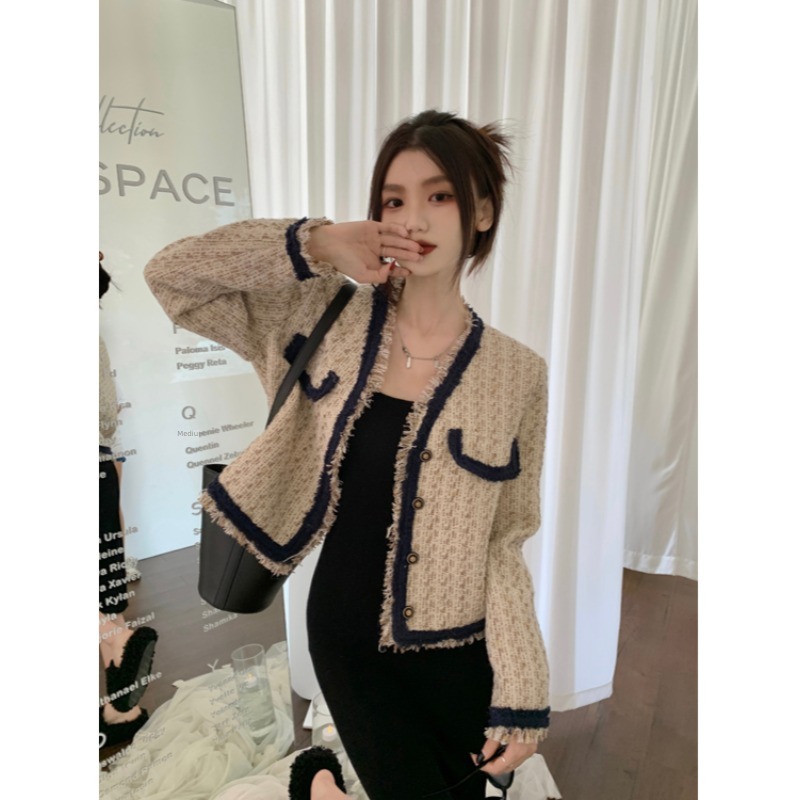 Little fragrance weave tassels Tweed easy loose coat