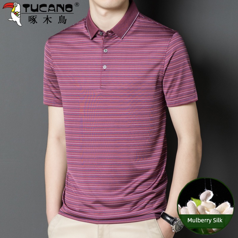 Woodpecker Short sleeve middle age stripe Polo shirt mulberry silk