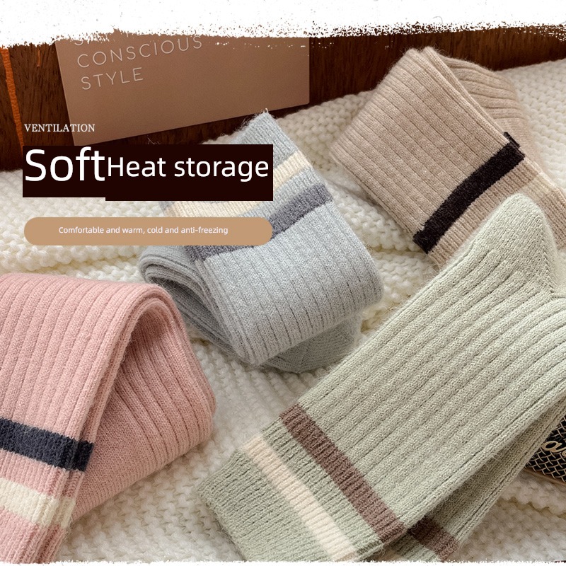 Autumn and winter female keep warm Thick line Two bars stripe Wool socks