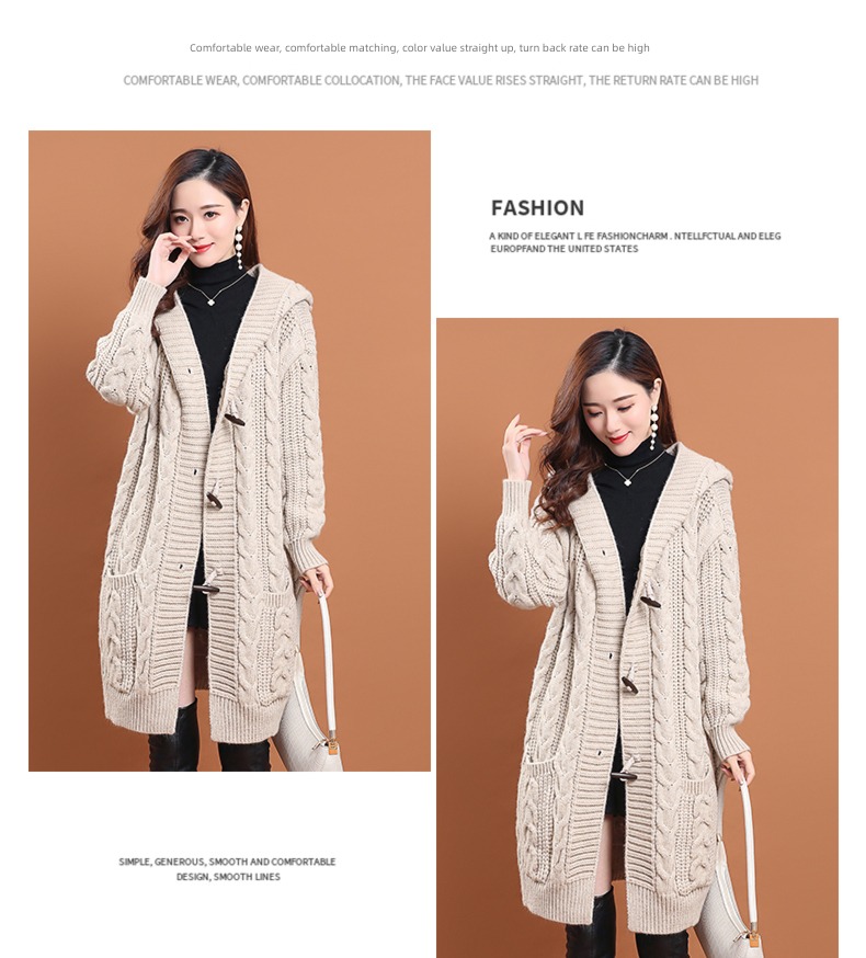 loose coat female With pocket Hemp flowers Hooded Cardigan Ox horn buckle