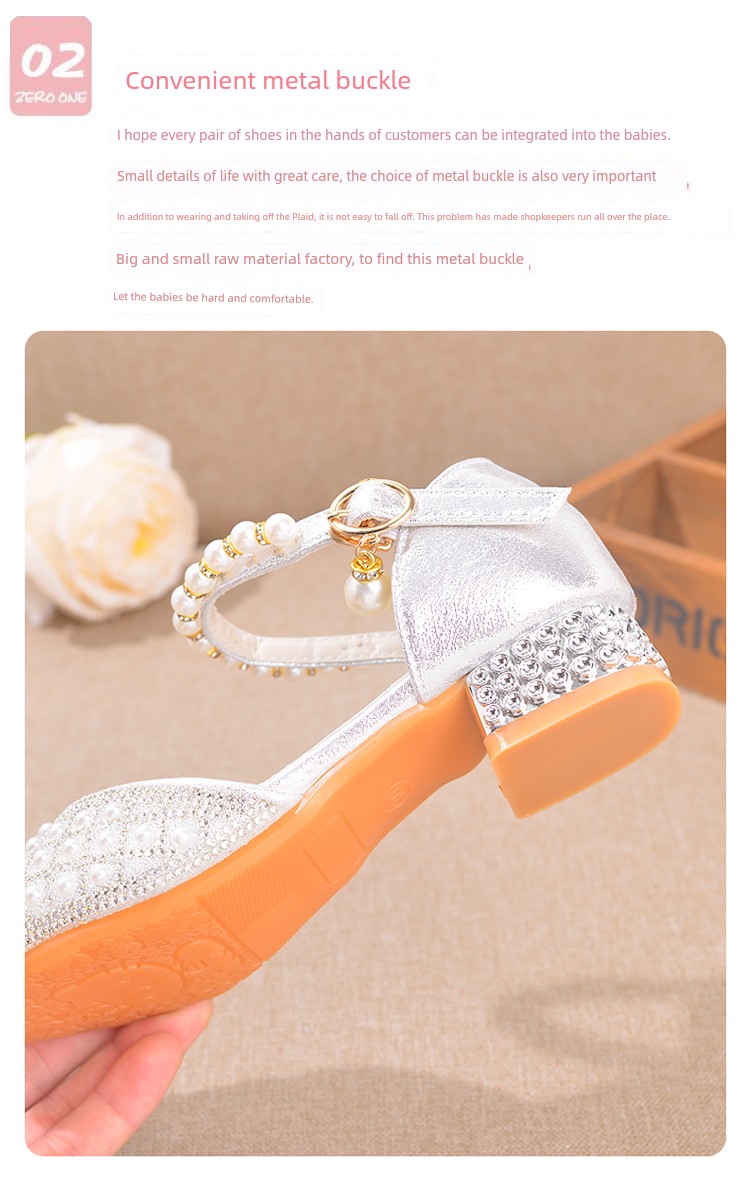 Western Style Children's Princess Shoes Crystal Shoes Girls High Heel Shoes Soft Bottom Elementary School Student Dress Dance Leather Shoes Silver with — 11