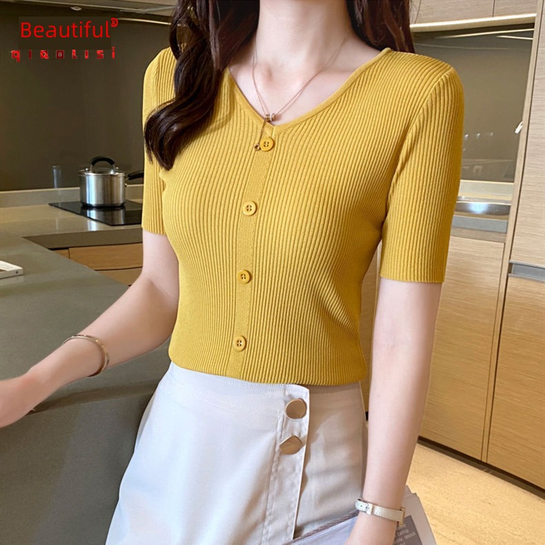 Ice silk Button summer wear V-neck Self-cultivation Show thin Sweater