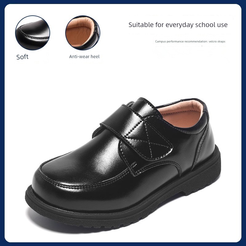 Boys' Leather Shoes 2026 Spring and Autumn New Style Black British Performance Shoes Single Shoes Soft Sole Children's Student Performance Shoes — 7