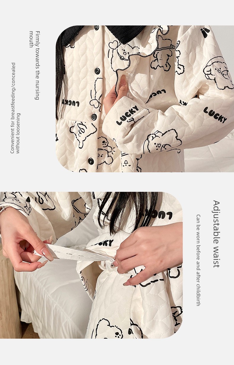 Maternity Pajamas Autumn and Winter Style Thickened Three-Layer Pure Cotton Warm Postpartum Nursing Home Wear Maternity Set — 33