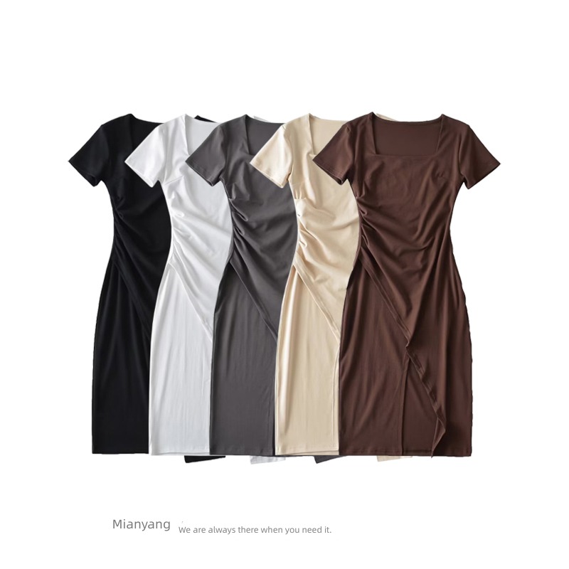 Pleated cotton Retro Asymmetry square neck Fork Dress
