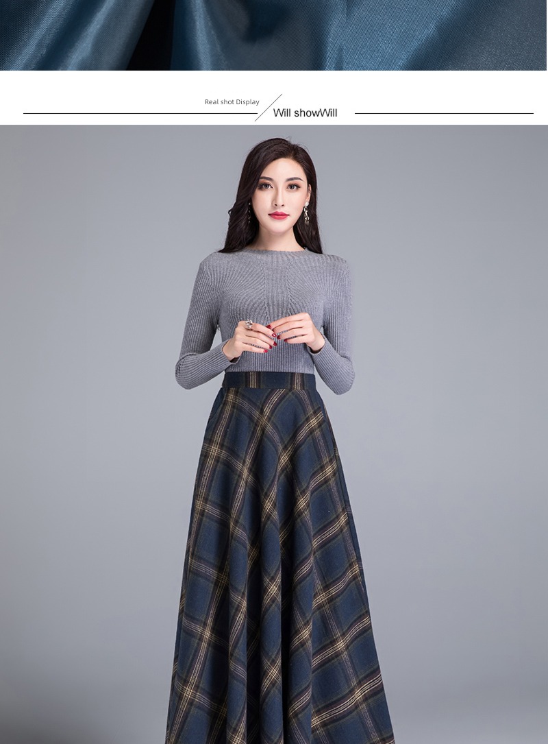 Wool lattice Retro Big size High waist Show thin Medium length skirt