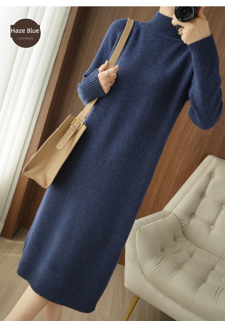 Korean version Medium and long term knitting Half high collar easy Wool dress
