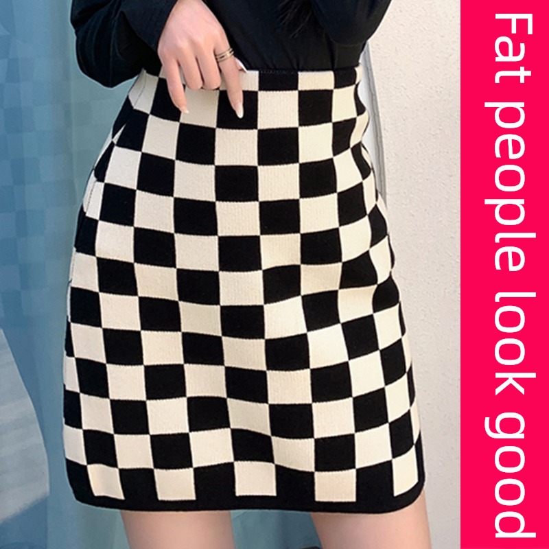 Big size Autumn and winter Chessboard knitting skirt