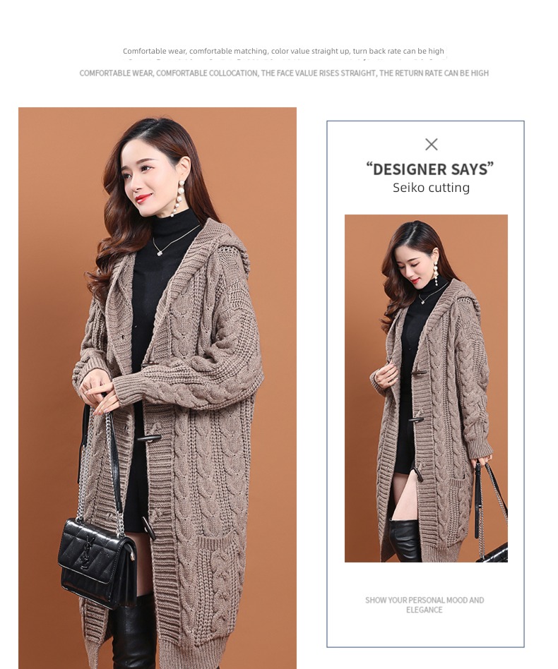 loose coat female With pocket Hemp flowers Hooded Cardigan Ox horn buckle