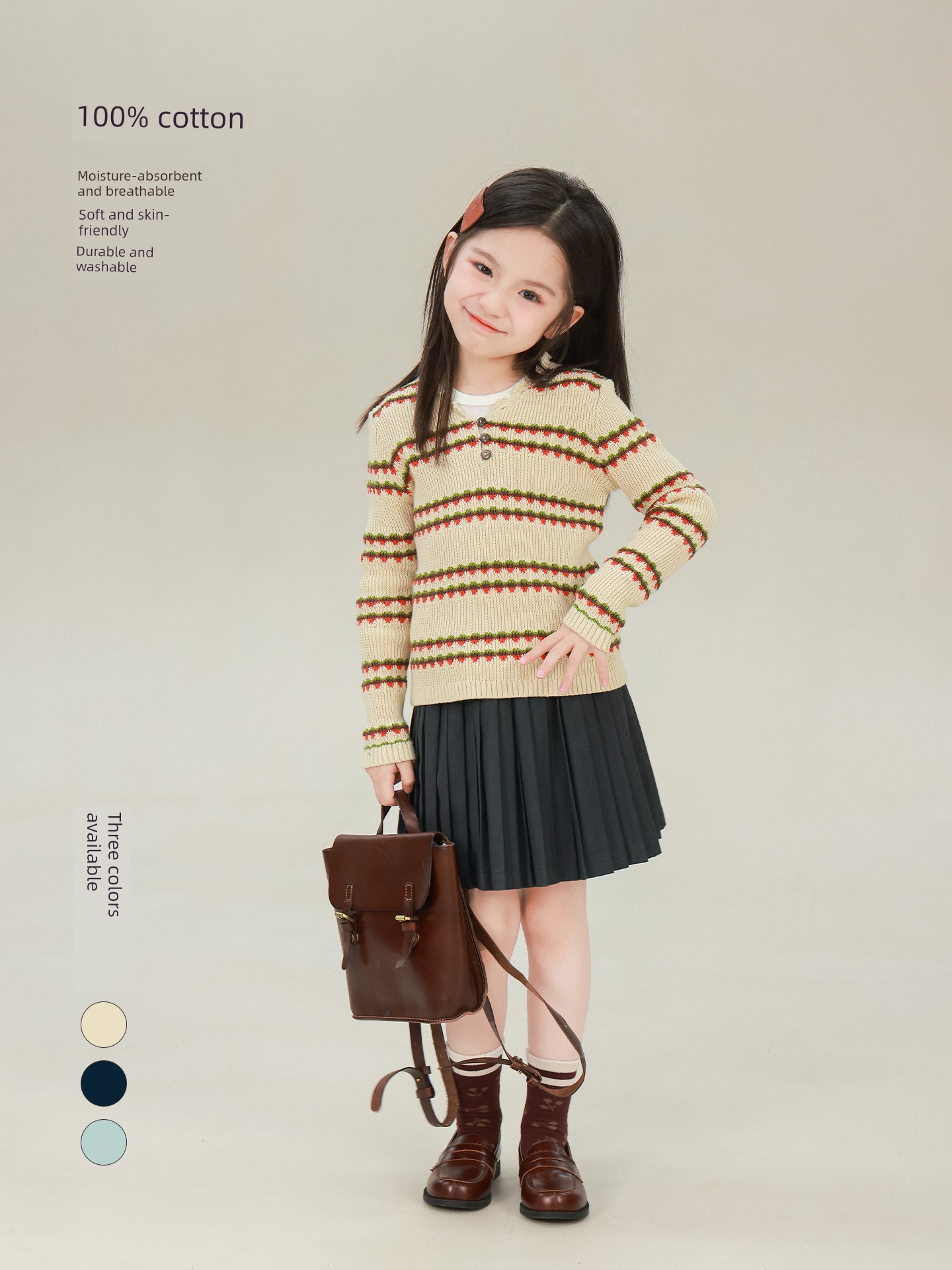 Big-Eared Elephant Girl's V-Neck Patterned Sweater 2026 Autumn New Model Pure Cotton Retro Jacquard Knit Top