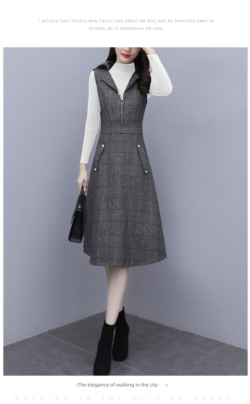 Autumn and winter Wool lattice Close your waist Show thin Dress suit