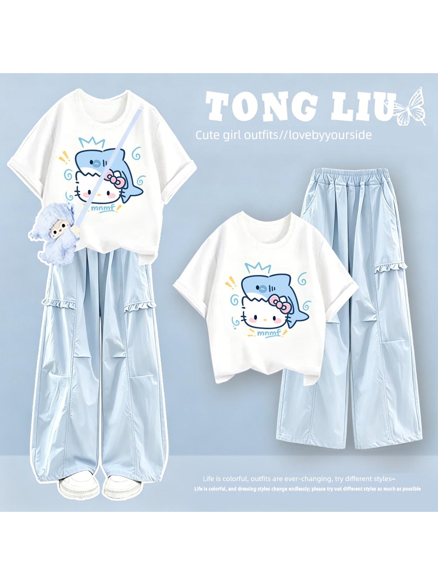 Girls' Short-Sleeved Summer Suit 2026 New Style for Middle School Students, Stylish Pure Cotton Clothing, Thin Cargo Pants
