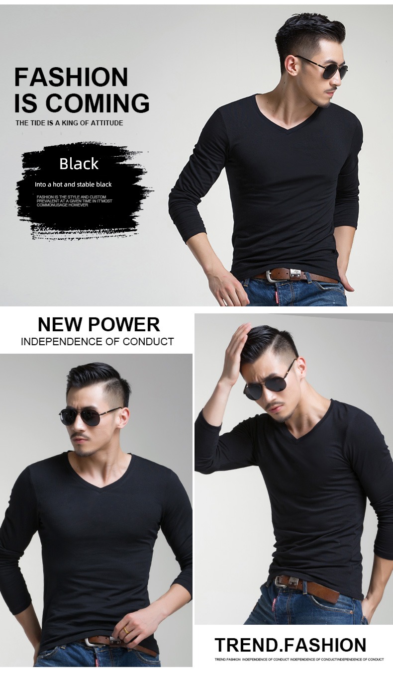 man V-collar Spring  Inner lap Tight fitting Long sleeve T-shirt