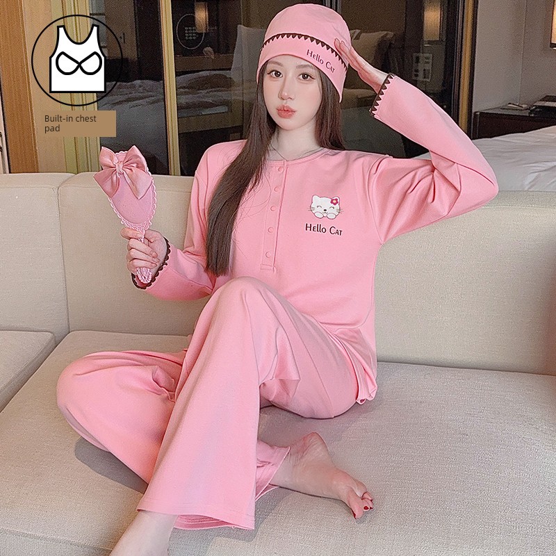 Hat with Chest Pad, Postpartum Clothing, Pure Cotton Nursing Pajamas, Postpartum Maternity Home Wear for Spring, Autumn, and Winter, Can Be Worn Outside — 1