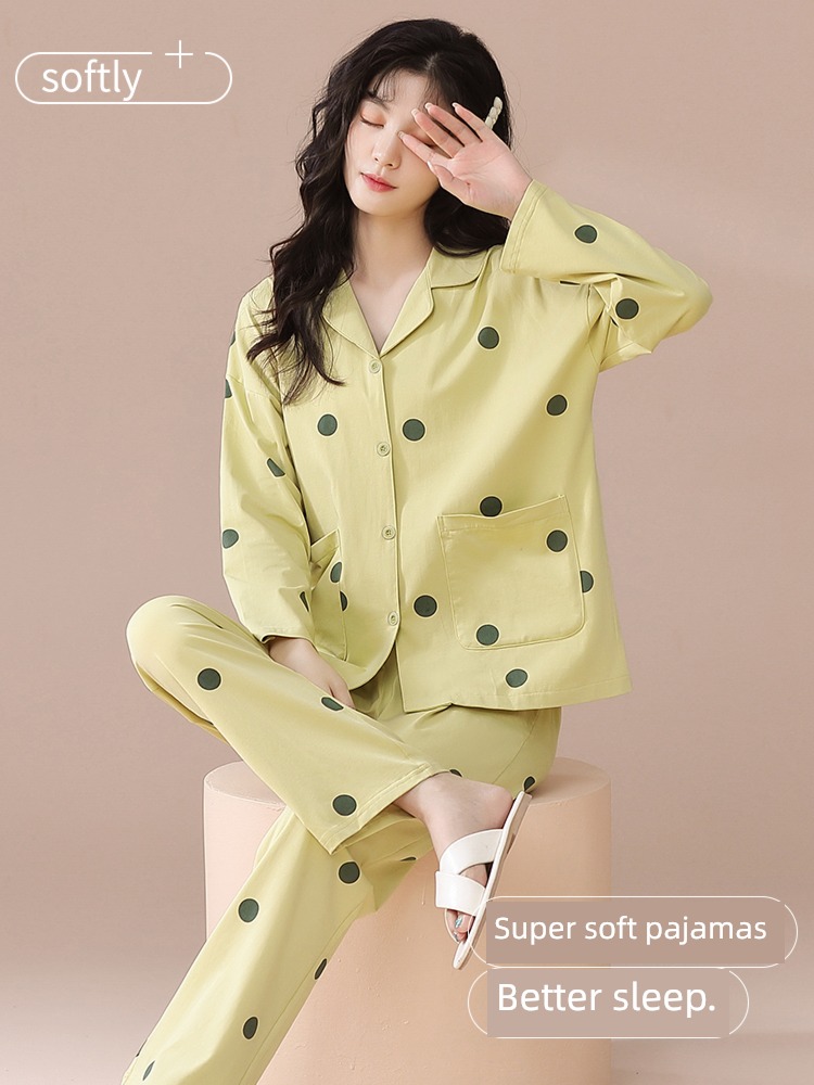 pure cotton female Spring and Autumn Wave point Long sleeve Can be worn out pajamas