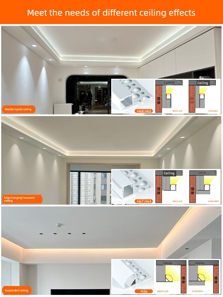 Double Eyelid Single-Sided Upward Slanted Linear Light Strip for Living Room Ceiling with Slot for Linear Aluminum Light Strip