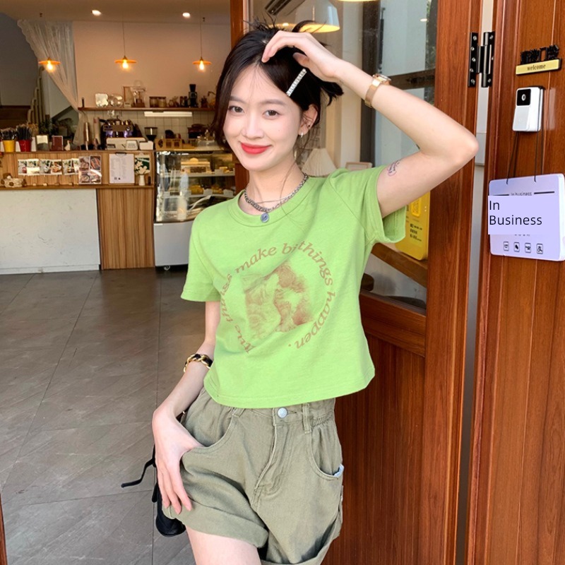 bm High waist Exposed navel Cartoon printing Self-cultivation Short sleeve T-shirt
