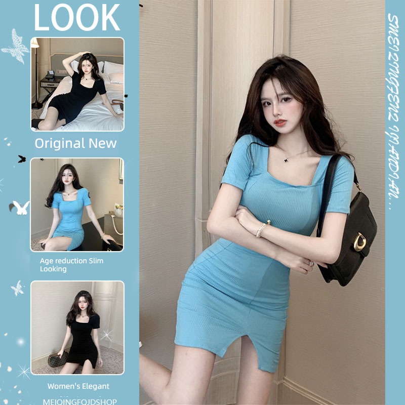 square neck blue temperament hottie Buttocks Short sleeve Dress
