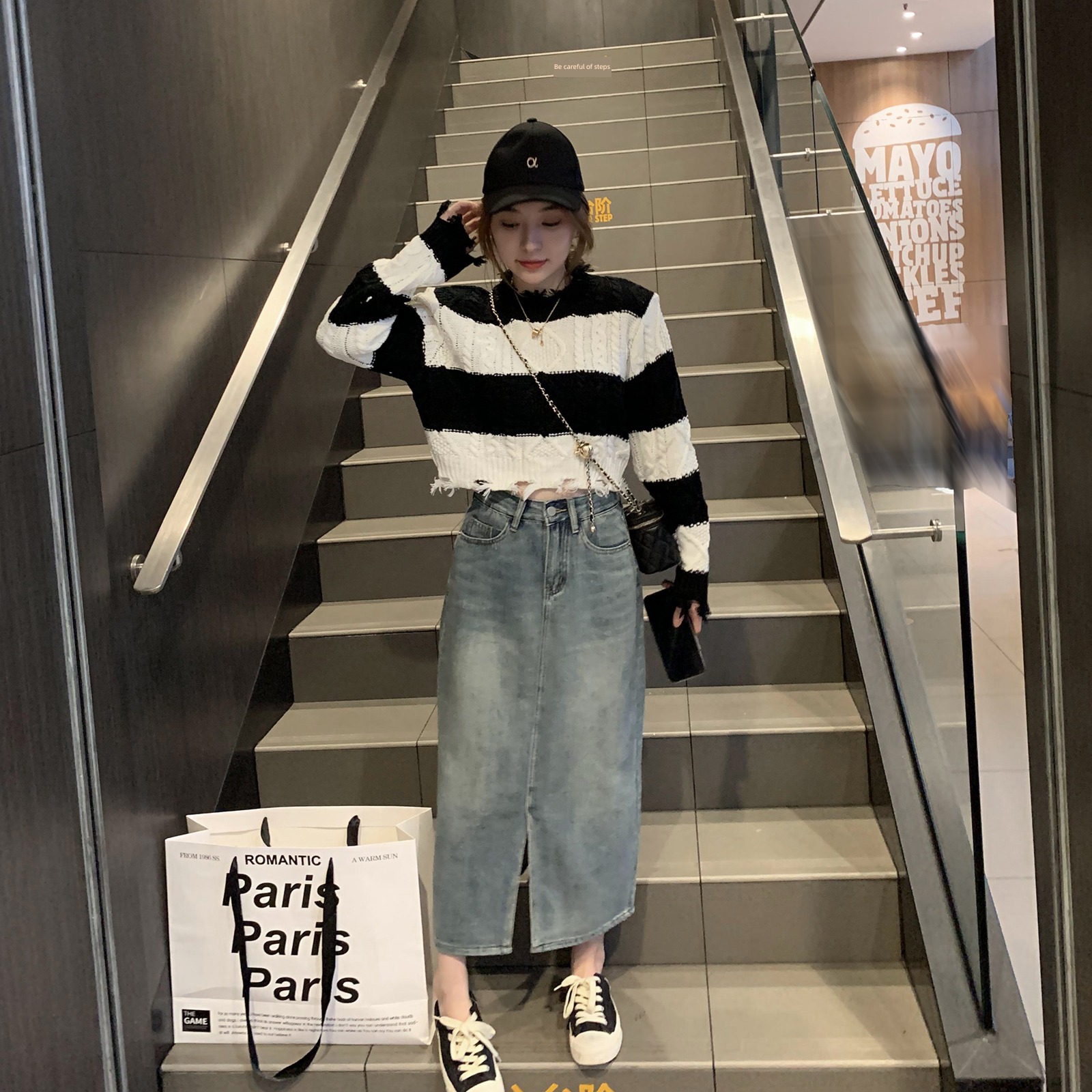 Languid High waist knitting easy Exposed navel Color matching sweater