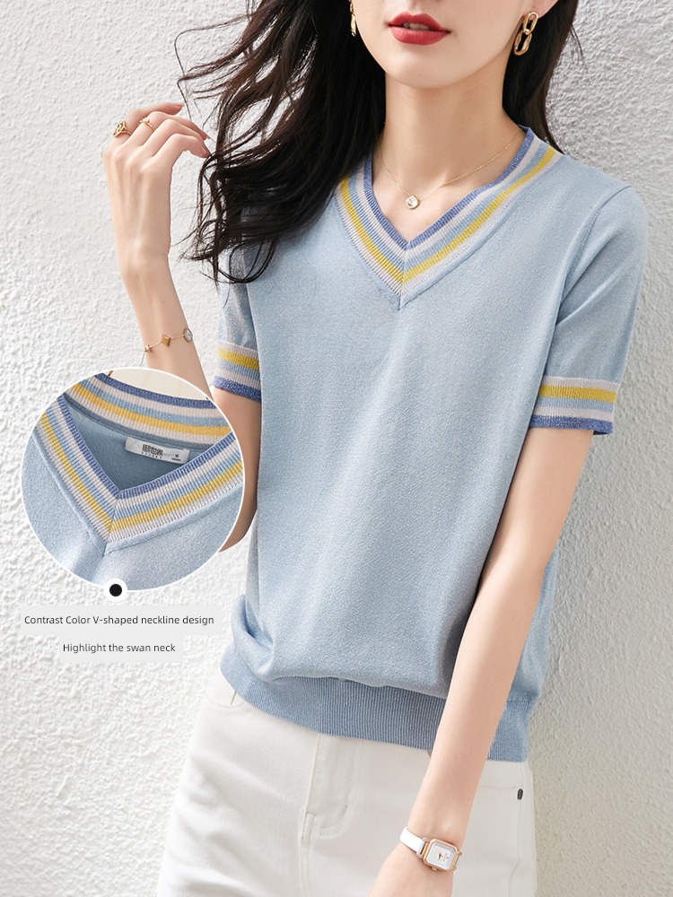 Color contrast V-neck Ice silk Thin money Sweater Show thin summer wear